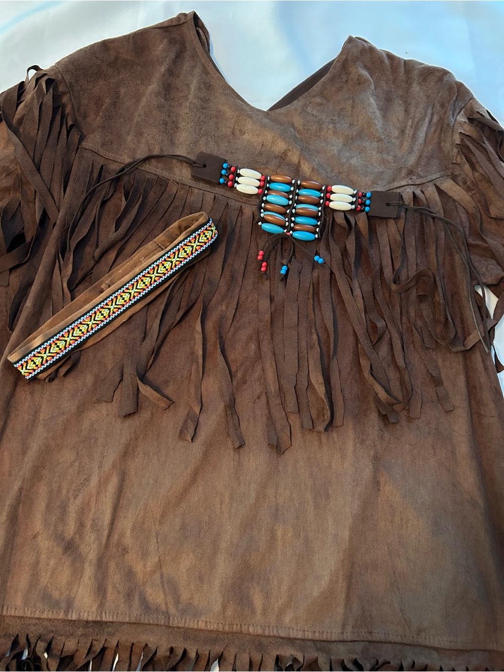 Adult Native American Indian faux suede costume Halloween shirt with fringe. OS - Picture 3 of 10
